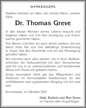 Traueranzeige von Thomas Greve von Allgäuer Anzeigeblatt