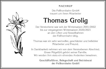 Traueranzeige von Thomas Grolig von Allgäuer Anzeigeblatt