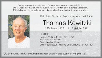 Traueranzeige von Thomas Kewitzki von Allgäuer Zeitung,Kempten