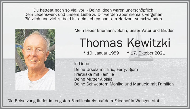  Traueranzeige für Thomas Kewitzki vom 23.10.2021 aus Allgäuer Zeitung,Kempten