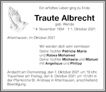 Traueranzeige von Traute Albrecht von Memminger Zeitung