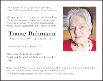 Traueranzeige von Traute Buhmann von Der Westallgäuer