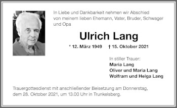 Traueranzeige von Ulrich Lang von Memminger Zeitung