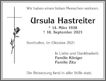 Traueranzeige von Ursula Hastreiter von Allgäuer Anzeigeblatt