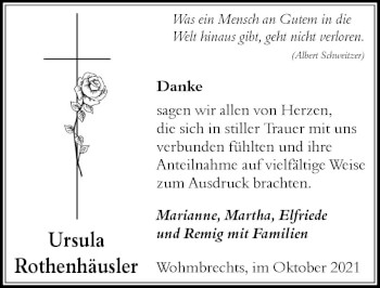 Traueranzeige von Ursula Rothenhäusler von Der Westallgäuer