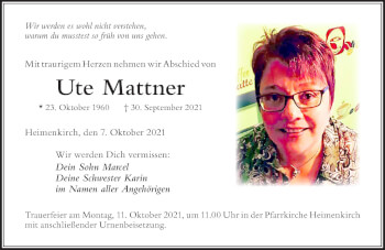 Traueranzeige von Ute Mattner von Der Westallgäuer