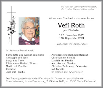 Traueranzeige von Vefi Roth von Allgäuer Anzeigeblatt