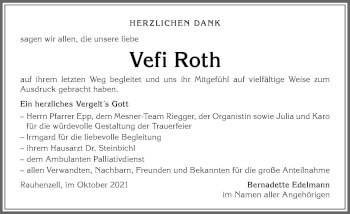 Traueranzeige von Vefi Roth von Allgäuer Anzeigeblatt