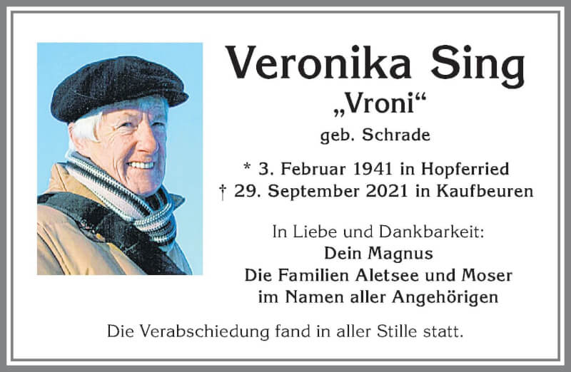  Traueranzeige für Veronika Sing vom 09.10.2021 aus Allgäuer Zeitung, Kaufbeuren/Buchloe