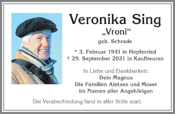 Traueranzeige von Veronika Sing von Allgäuer Zeitung, Kaufbeuren/Buchloe