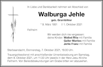 Traueranzeige von Walburga Jehle von Memminger Zeitung