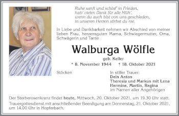 Traueranzeige von Walburga Wölfle von Allgäuer Zeitung, Marktoberdorf