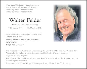 Traueranzeige von Walter Felder von Der Westallgäuer