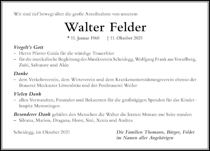  Traueranzeige für Walter Felder vom 30.10.2021 aus Der Westallgäuer