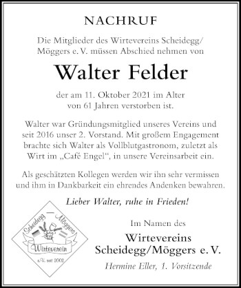 Traueranzeige von Walter Felder von Der Westallgäuer
