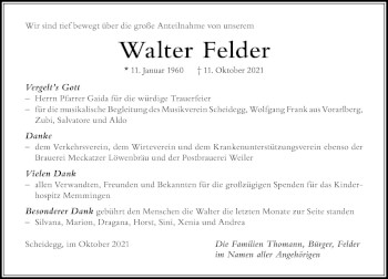 Traueranzeige von Walter Felder von Der Westallgäuer