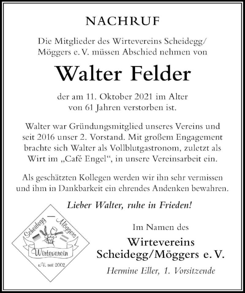  Traueranzeige für Walter Felder vom 19.10.2021 aus Der Westallgäuer