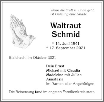 Traueranzeige von Waltraut Schmid von Allgäuer Anzeigeblatt