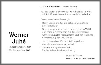 Traueranzeige von Werner Juhé von Allgäuer Anzeigeblatt