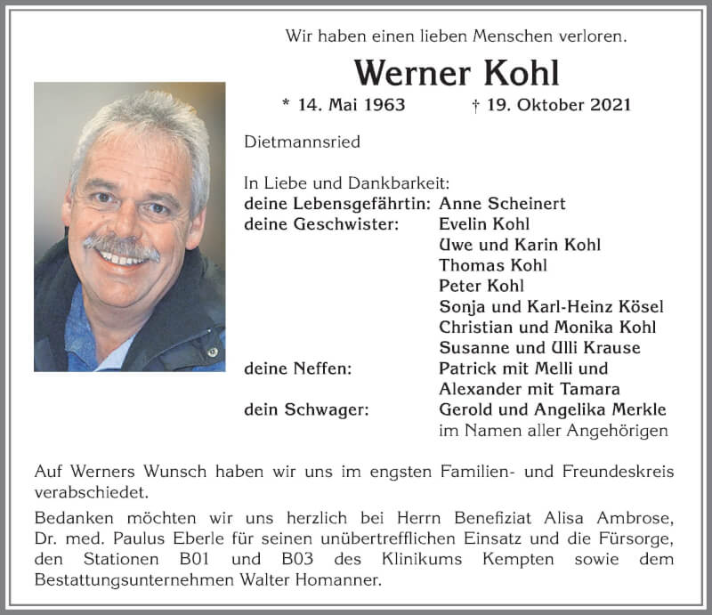  Traueranzeige für Werner Kohl vom 30.10.2021 aus Allgäuer Zeitung,Kempten