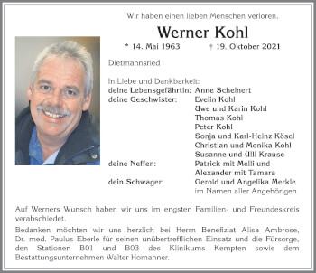 Traueranzeige von Werner Kohl von Allgäuer Zeitung,Kempten