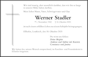 Traueranzeige von Werner Stadler von Der Westallgäuer