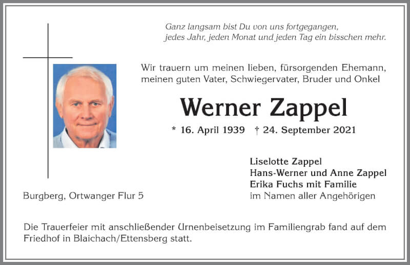 Traueranzeige für Werner Zappel vom 02.10.2021 aus Allgäuer Anzeigeblatt