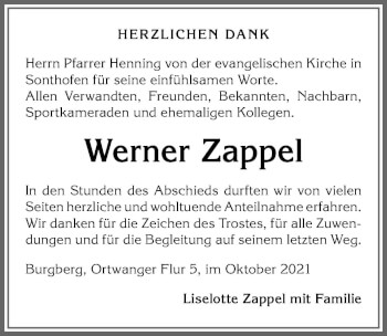 Traueranzeige von Werner Zappel von Allgäuer Anzeigeblatt