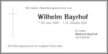Traueranzeige von Wilhelm Bayrhof von Allgäuer Zeitung,Kempten