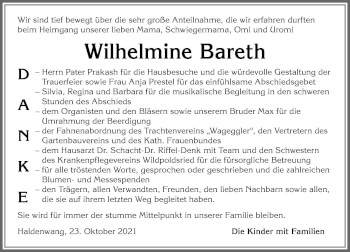 Traueranzeige von Wilhelmine Bareth von Allgäuer Zeitung,Kempten