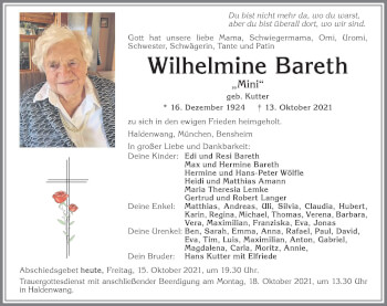Traueranzeige von Wilhelmine Bareth von Allgäuer Zeitung,Kempten