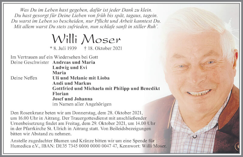  Traueranzeige für Willi Moser vom 26.10.2021 aus Allgäuer Zeitung