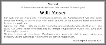 Traueranzeige von Willi Moser von Allgäuer Zeitung, Marktoberdorf