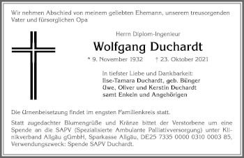 Traueranzeige von Wolfgang Duchardt von Allgäuer Zeitung,Kempten