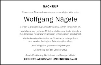Traueranzeige von Wolfgang Nägele von Der Westallgäuer