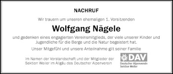 Traueranzeige von Wolfgang Nägele von Der Westallgäuer