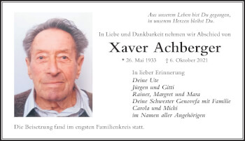 Traueranzeige von Xaver Achberger von Der Westallgäuer