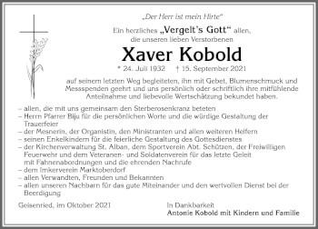 Traueranzeige von Xaver Kobold von Allgäuer Zeitung, Marktoberdorf