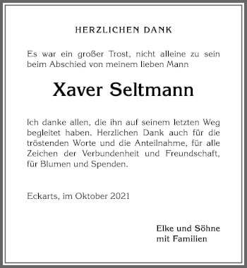 Traueranzeige von Xaver Seltmann von Allgäuer Anzeigeblatt