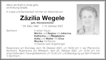Traueranzeige von Zäzilia Wegele von Memminger Zeitung