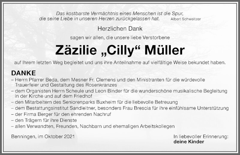  Traueranzeige für Zäzilie Müller vom 02.10.2021 aus Memminger Zeitung