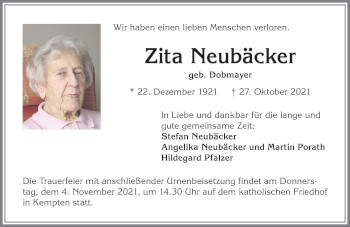 Traueranzeige von Zita Neubäcker von Allgäuer Zeitung,Kempten