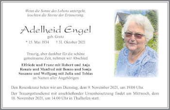 Traueranzeige von Adelheid Engel von Allgäuer Zeitung, Marktoberdorf