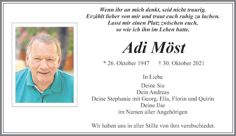  Traueranzeige für Adi Möst vom 11.11.2021 aus Allgäuer Zeitung, Füssen
