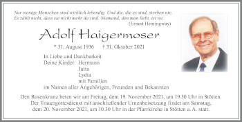 Traueranzeige von Adolf Haigermoser von Allgäuer Zeitung, Marktoberdorf