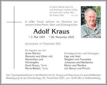 Traueranzeige von Adolf Kraus von Allgäuer Anzeigeblatt