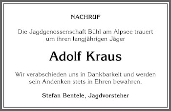 Traueranzeige von Adolf Kraus von Allgäuer Anzeigeblatt