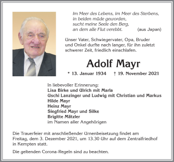 Traueranzeige von Adolf Mayr von Allgäuer Zeitung,Kempten