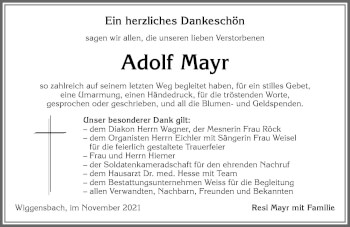 Traueranzeige von Adolf Mayr von Allgäuer Zeitung,Kempten
