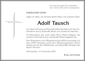 Traueranzeige von Adolf Tausch von Allgäuer Zeitung
